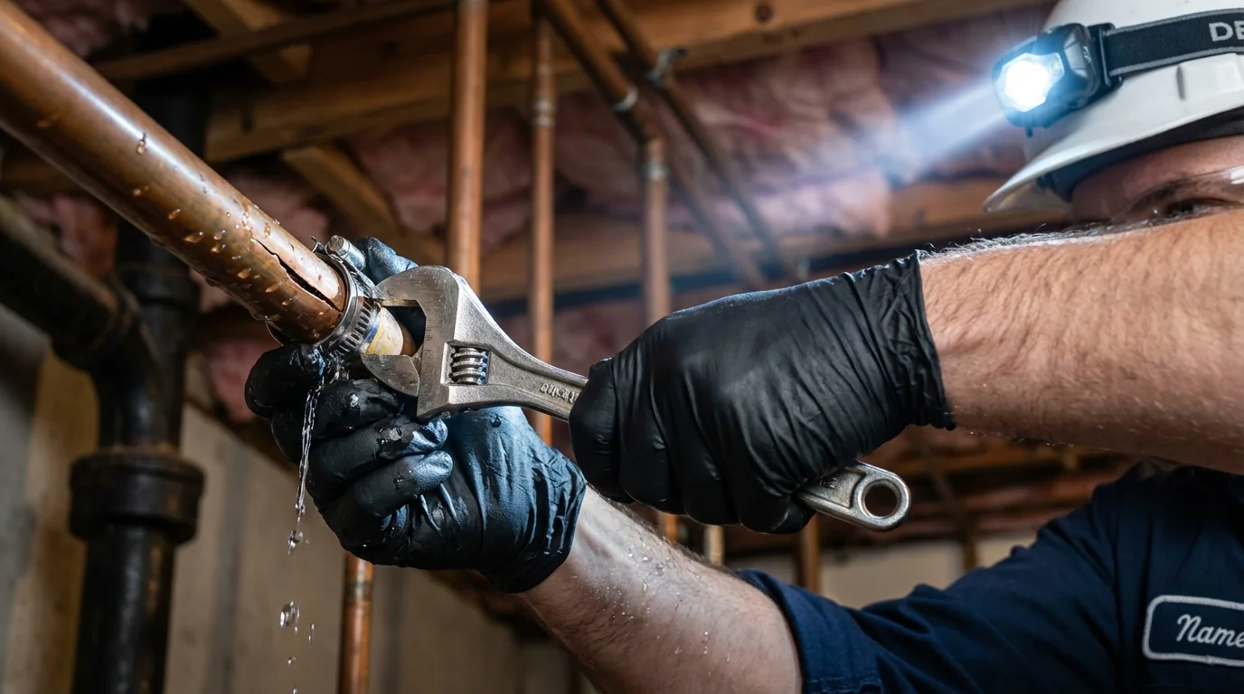 Emergency pipe clamp repair being performed by a Johns Plumbing LLC plumber in Streetsboro