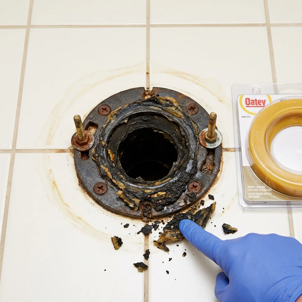 Failed wax ring showing water seepage at the base of a toilet in a Streetsboro, OH home