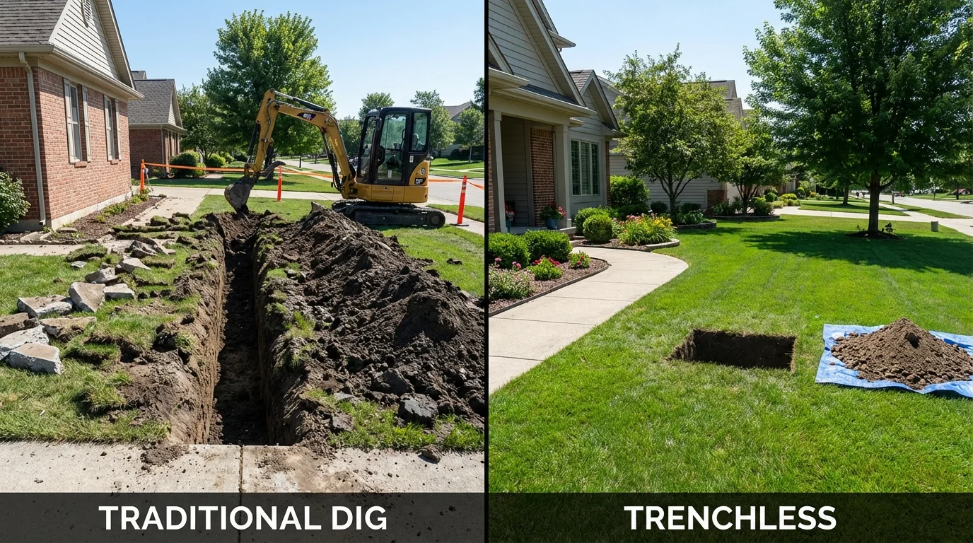 Trenchless sewer repair with minimal yard damage versus traditional excavation in Streetsboro, OH