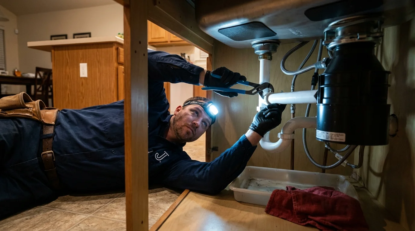 P-trap and supply line connections under a kitchen sink showing a common leak point in Streetsboro, OH